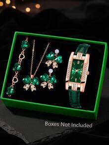 9/5pcs Green Fashion Women's Watch Set, Luxury Versatile Rectangular Dial Quartz Watch, Includes Bracelet, Necklace And Earrings, Suitable For Daily Wear Or As Holiday Gift
