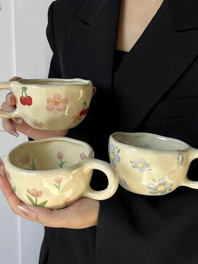 1PC Mug,Coffee Mug,Ins Style Hand-Painted Underglaze Ceramic Coffee Mug,Tulip Cup,Symmetrical Hand-Molded Cup,Attractive Breakfast Cup And Milk Cup,Suitable For Afternoon Tea, Breakfast, Gift For Family, Friends Back To School,Mother's Day Gift