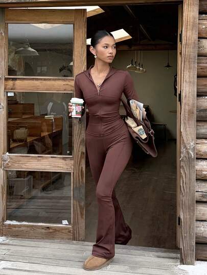 2pcs Modern Commuter Fitness Set, Zip-Up Hoodie With Thumb Holes And High-Waisted Flare Pants | Slimming And Lifting Design, Suitable For Office And Outdoor Sports, Hoodie With Cinched Waist Zipper Design, Paired With High-Waisted Flare Pants, Creating A Unrestricted, Fitted Look From Office To Gym, Women's 2 Pieces Winter Set