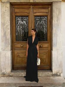 Elegant Solid Color High Slit Backless Zipper Maxi Fitted Dress For Wedding Party Black - Black - View 6
