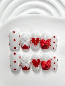 Bộ 10 món đồ trang trí móng tay thủ công lãng mạn ngày Valentine, bao gồm hoa trắng, nơ trang trí, móng gel đỏ trắng, móng giả chấm bi kiểu Pháp, họa tiết trái tim vẽ tay, điểm nhấn hạt bạc, 3 hình dạng móng: hạnh nhân, vuông, hình quan tài, kèm túi đựng dụng cụ, phù hợp cho phụ nữ và các cô gái ngọt ngào, ngày Valentine, tiệc tùng, phụ kiện làm móng hàng ngày. - Nhiều màu - Xem 4