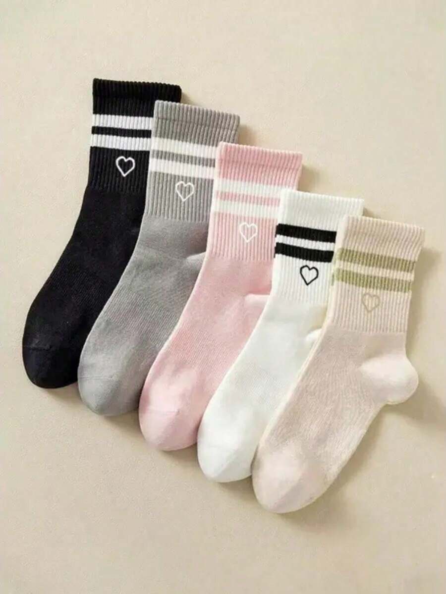 5 Paar einfarbige, gestreifte, Schleifendesign Mode personalisierte Damen Socken, weich, bequem, atmungsaktiv, Lässig Knöchelsocken für den täglichen Gebrauch - Mehrfarbige Schleife - Übersicht 1
