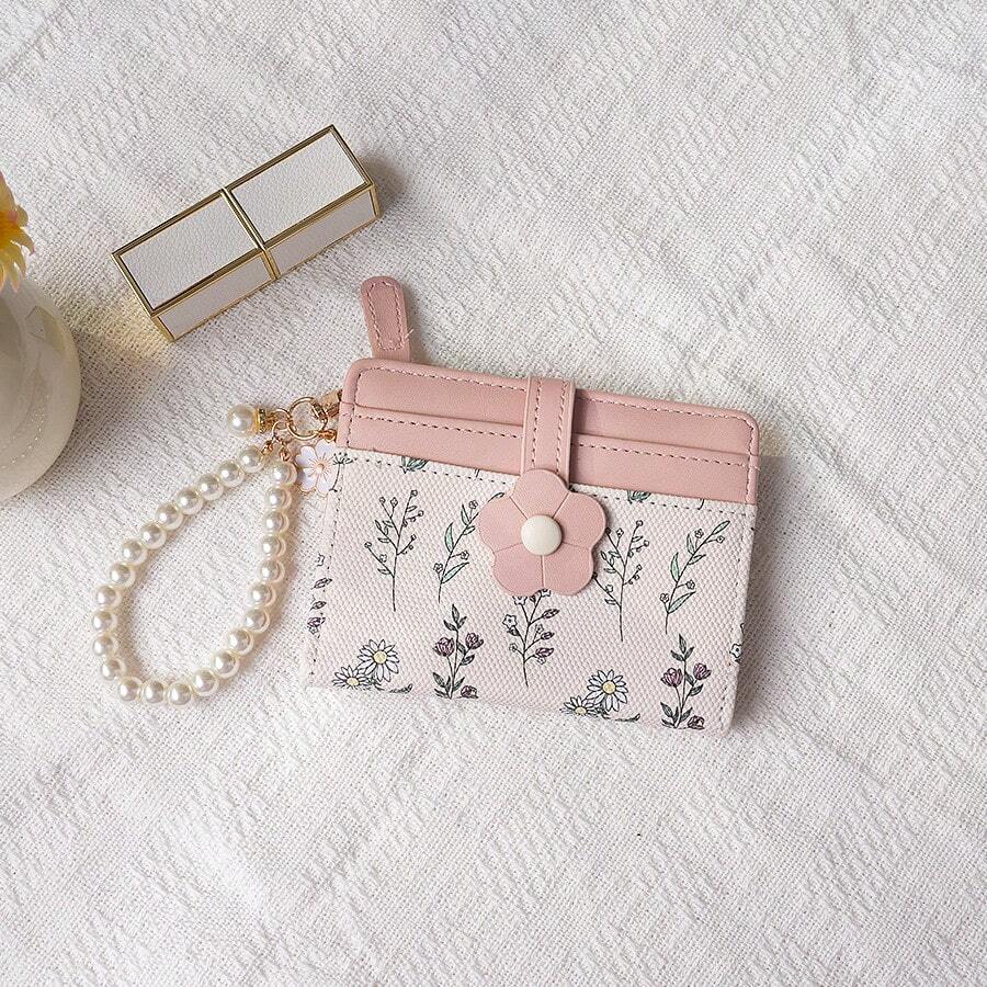 可爱碎花二合一钱包卡包，轻巧短款，配珍珠链，适合学生和女性，迷你钱包，手拿包，小巧可爱钱包，腕包，旅行必备证件套，挂绳身份证卡套 - 彩色 - 查看 1