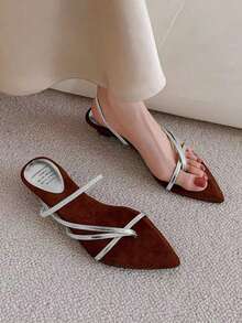 Giày sandal cao gót đế xuồng mũi nhọn bằng da Pháp, kiểu dáng tối giản, thời trang dành cho nữ năm 2025. - Bạc - Xem 3
