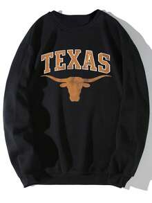 Sudadera De Cuello Redondo Casual Y Holgada Cómoda Para Hombres Con Gráfico Retro Del Longhorn De Texas Estadounidense, Estilo Callejero Hip Hop - 黑色 - 查看 3