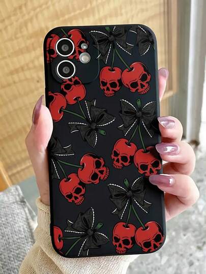 1pc Bowknot Skull Perforated Edged Black Painted Handmade Floral Line Art Retro Colorful Perforated Anti-Slip Phone Case Compatible With IPhone, Redmi