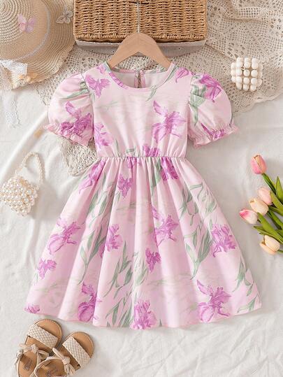 Robe fleurie rose tendre pour filles avec manches bouffantes et taille cintrée, imprimé floral, convient pour le port quotidien décontracté, les sorties et les rassemblements festifs