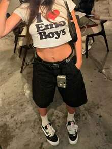 Women's Loose Casual Printed Pocket Bermuda Shorts - Black - View 3