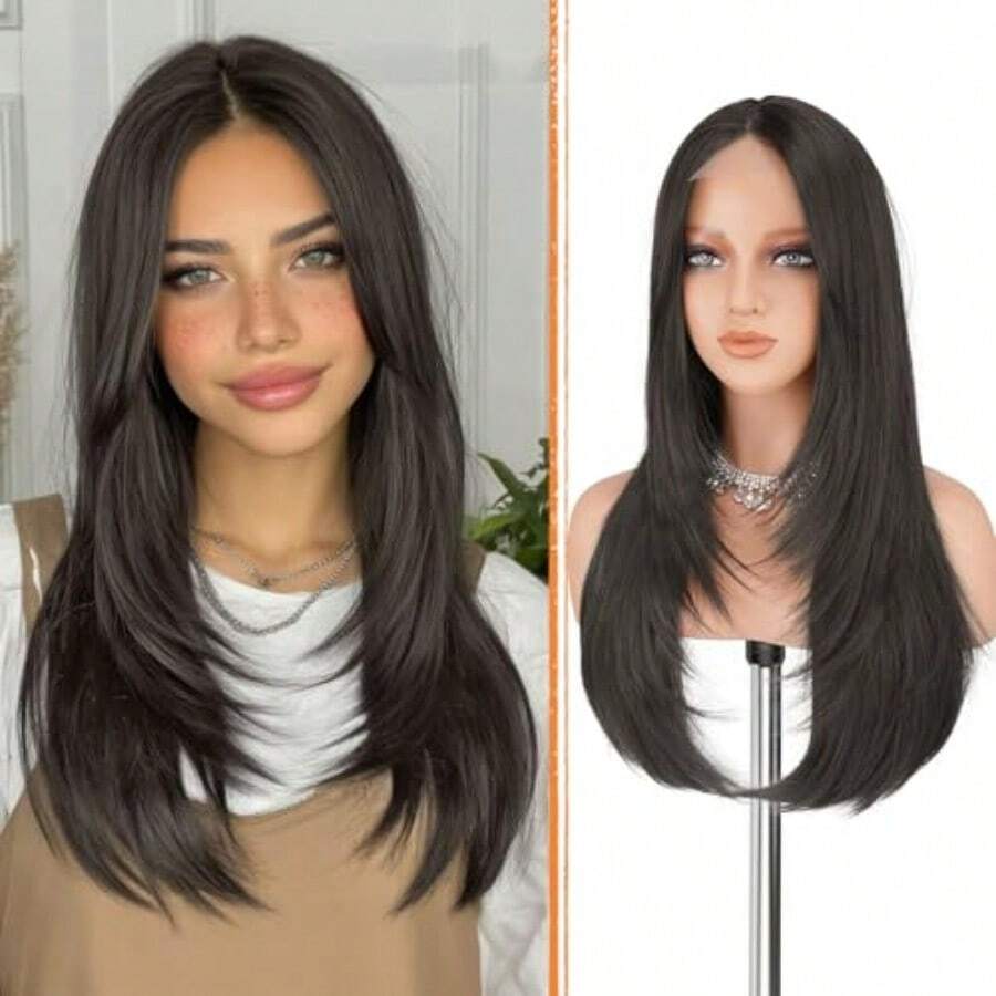 DHaloo Brown Wig With Curtain Bangs - Lace Front Hairline Middle Part Long Layered Natural Looking Straight Synthetic Hair Wigs For Women Daily Party 24 Inch Dark Brown - Nâu đậm - Xem 1