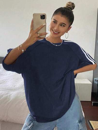 1pc Teen Girls Outdoor Casual Fashionable Shoulder Contrast Stripe Short Sleeve T-Shirt, Spring/Summer/Autumn