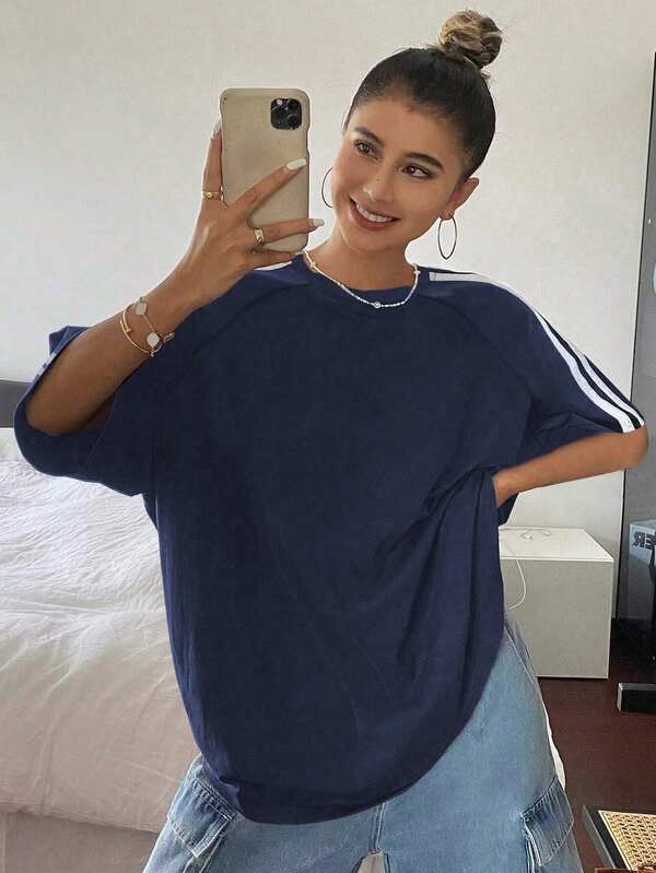 1 szt. Koszulka z krótkim rękawem dla nastolatek, na co dzień, w kontrastowym kolorze, z kontrastowymi paskami na ramionach, wiosna/lato/jesień