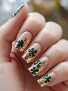 24pcs Long Coffin Shaped French Manicure Nail Stickers, Fashionable! Clover Embossed Nail Decals With Nude Base And Green Gold Foil Luxury Design, Easy Application Durable Reusable. Set Includes 1pc Gel Polish And 1pc Nail File, Suitable For Women And Girls For Daily Wear Or Parties - Multicolor - View 1