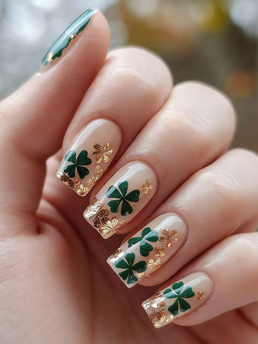 24pcs Long Coffin Shaped French Manicure Nail Stickers, Fashionable! Clover Embossed Nail Decals With Nude Base And Green Gold Foil Luxury Design, Easy Application Durable Reusable. Set Includes 1pc Gel Polish And 1pc Nail File, Suitable For Women And Girls For Daily Wear Or Parties - Multicolor - View 1