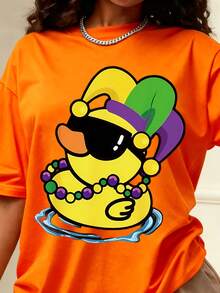 Women's T-Shirt Rubber Duck Wearing Mardi Gras Hat And Beads Fun Cartoon Design Perfect For Carnival Celebration Festive Wear Saint Patrick's Day Costume Easter Outfit Holiday Apparel Gift Idea - 橘色 - 查看 2