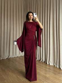 优雅纯色荷叶边镶钻长袖连衣裙，正式晚礼服，婚礼派对礼服 - 酒紅色 - 查看 1