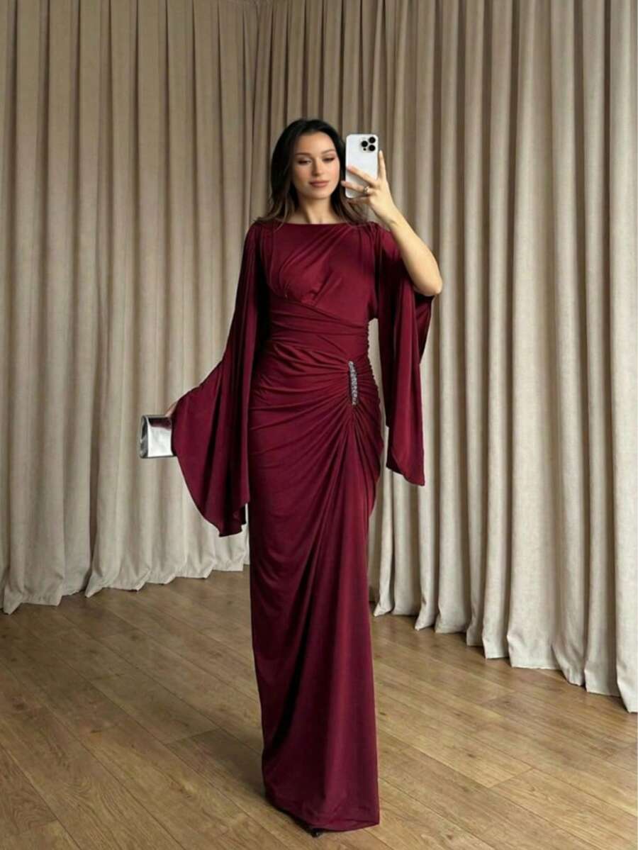 优雅纯色荷叶边镶钻长袖连衣裙，正式晚礼服，婚礼派对礼服 - 酒紅色 - 查看 1