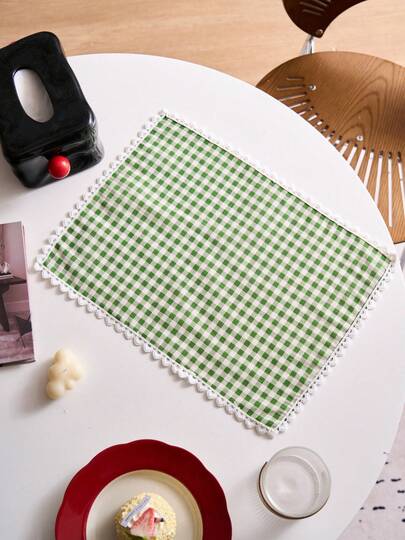 1/2/4/6件装绿色格子心形蕾丝边餐垫，清新田园风餐桌装饰垫，防滑杯垫/碗垫/盘子垫，适用于节日、派对、婚礼、办公室、咖啡桌、家居装饰、摄影背景，四季皆宜