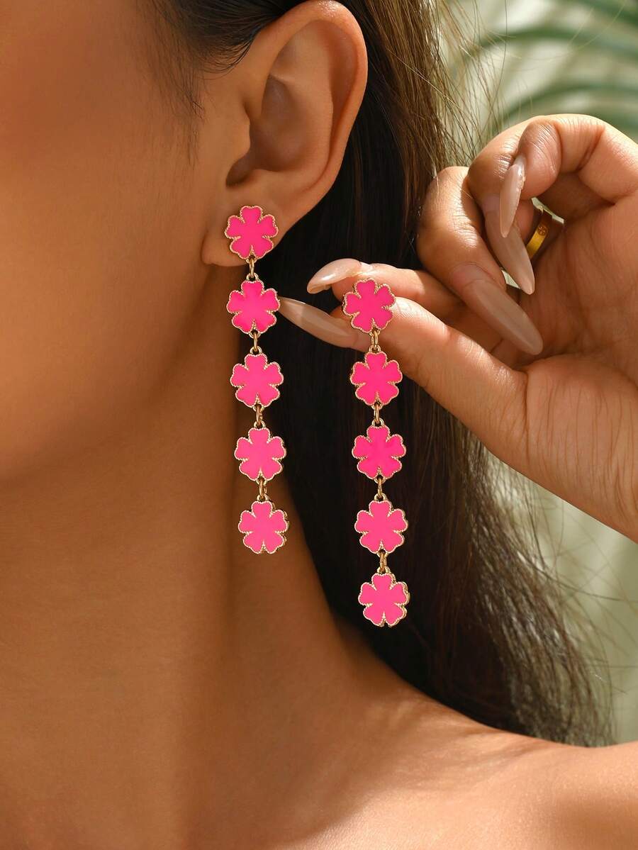 1 Pair Fashionable, Elegant, Minimalist, Versatile New Design Clover & Flower Drop Tassel Earrings, Suitable For Daily Wear, Parties, And Gifts - Golden Yellow + Rose Red - View 1