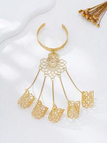 1 Set Vintage Floral Hollow Finger Ring & Bracelet, Exaggerated Personalized Fashion High-End Delicate Elegant, Suitable For Women's Daily Wear - Gold - View 5