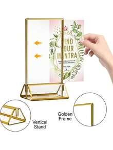 金色边框亚克力标牌架、相框展示架、透明纸张架、桌面菜单架、婚礼/餐厅桌号牌架、卡片架