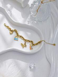 1件甜美心形蝴蝶吉他滴结吊坠不锈钢手工手链，奢华时尚饰品，新年女孩礼物 - 金色 - 查看 5