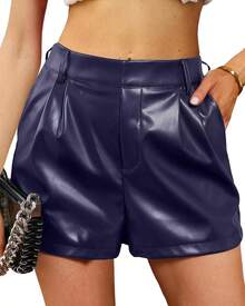 Faux Leather Shorts Women High Waisted Pleated Wide Leg Stretchy Shorts With Pockets PU Leather PantsA Valentine's Day SFP6 - 藍色深淵 - 查看 8