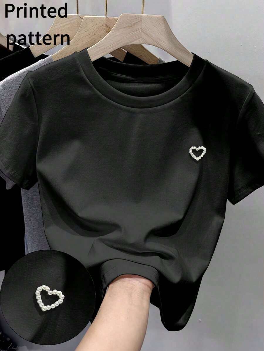 Camiseta de manga corta de unicolor con decoración de corazón de cuentas, estilo casual de verano - Negro - Ver 1