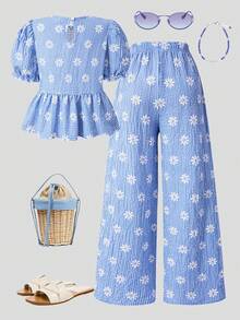 Summer Girls' Sweet & Fresh 2pcs Set, Blue & White Plaid Puff Sleeve Top With Floral Print & Bow Decor, Paired With Matching Loose Casual Pants, Stylish Outfit - Blue - View 4