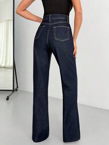 High Waist Plain Casual Comfortable Denim Pocket Zipper Button Jeans - Maroon - View 5