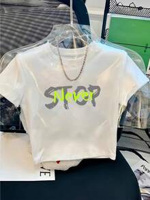 Y2K Fashion Spicy Printed Women'S Sexy Waist Short T-Shirt |   Retro European And American Style, Slim Fit, Classic Color, Versatile Women'S Clothing, Crew Neck, Short Sleeve, Slight Stretch Fabric - 白色 - 查看 2