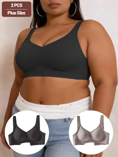 Set de 2 sujetadores minimalistas de unicolor, cómodos y casuales para mujeres de talla grande
