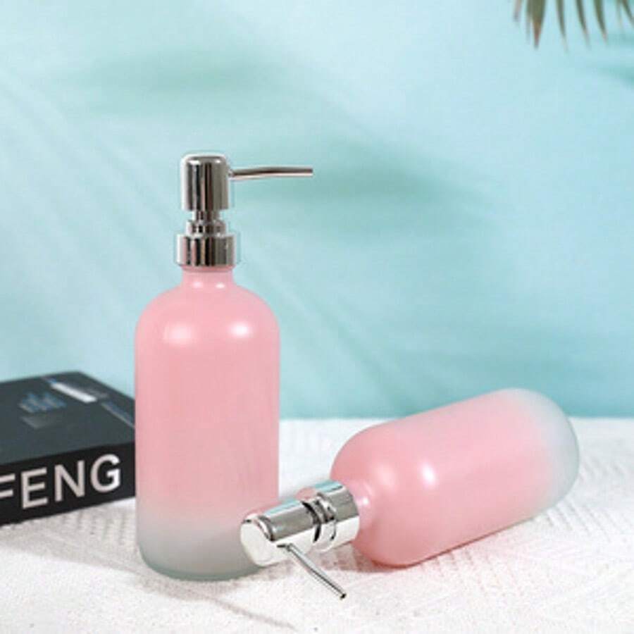 16盎司可重复使用渐变粉色玻璃皂液器，无香型可灌装洗手液瓶，适用于浴室和厨房 - 粉色 - 查看 1