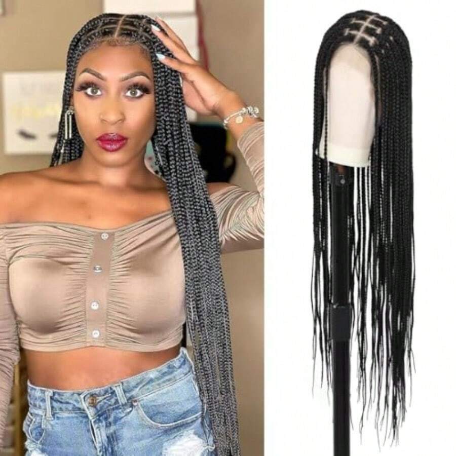 D360° HD Full Lace Knotl Braided Wigs For Women Box Braid Wig With Baby Hair Braided Lace Front Wigs Premium Synthetic Braid Wig Long Black 36" - Black36 - View 1