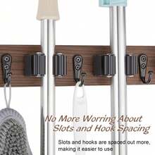 Mop And Broom Holder Wall Mount - Rustic Wood Broom Mop Hanger - Wall Mounted Garden Tool Rack Organizer For Closet Garage Laundry Room Kitchen Decor With 4 Slots & 4 Hooks - Brown-5 Slots - View 5