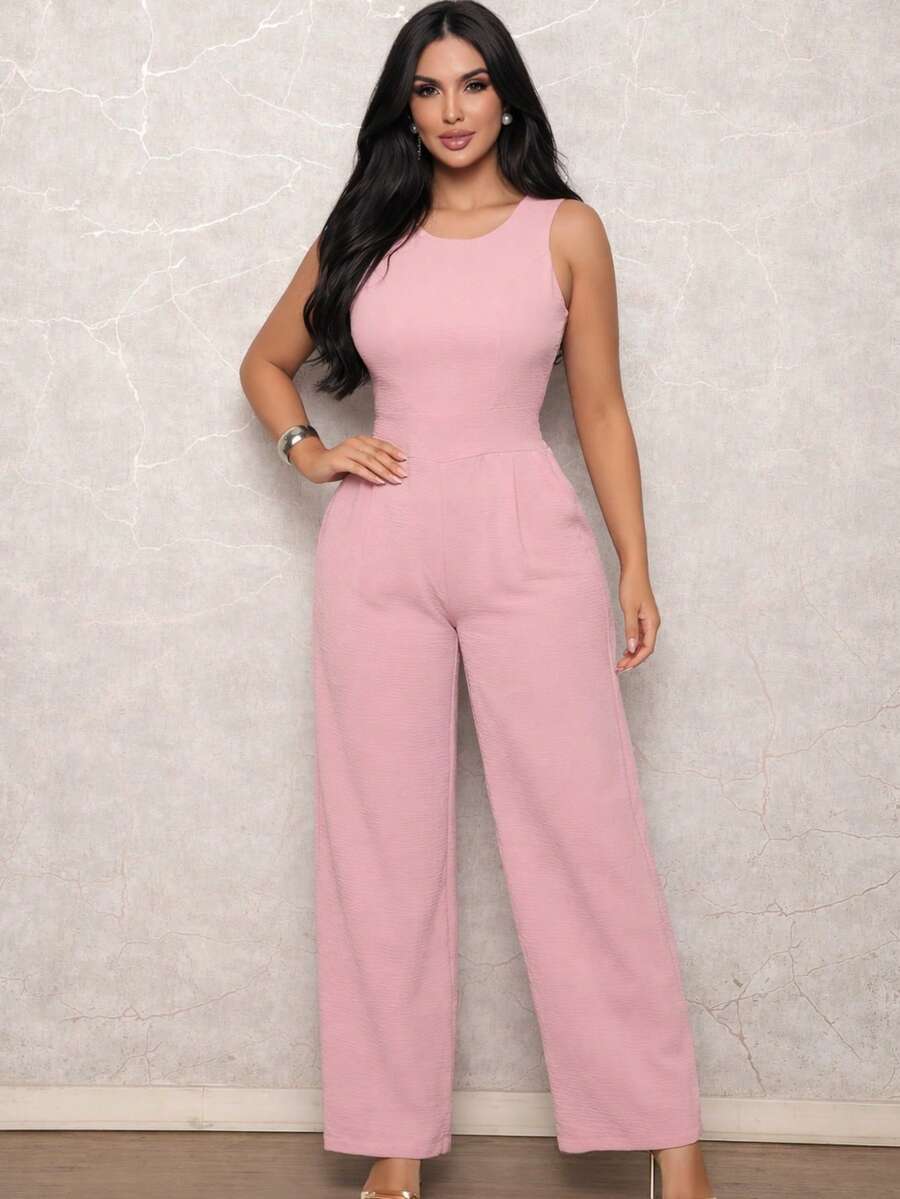Elegant Women's Long Jumpsuit With Perfect Fit, Stylish And Refined Look, Fabric, Pocket, Zipper, Open Back / Backless Jumpsuit, Wedding, Spring/Summer - Nude - 查看 1