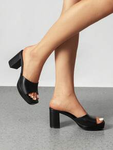 Women Minimalist Open Toe Heeled Mule Sandals Slip On, Thick Heel Casual High Heel Sandals For Outdoor Spring/Summer - Black - View 3