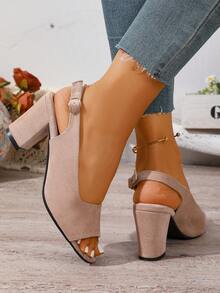 9cm Thick Heel Women's Classic Peep Toe Sandals With Ankle Strap, Faux Suede Material, High Quality