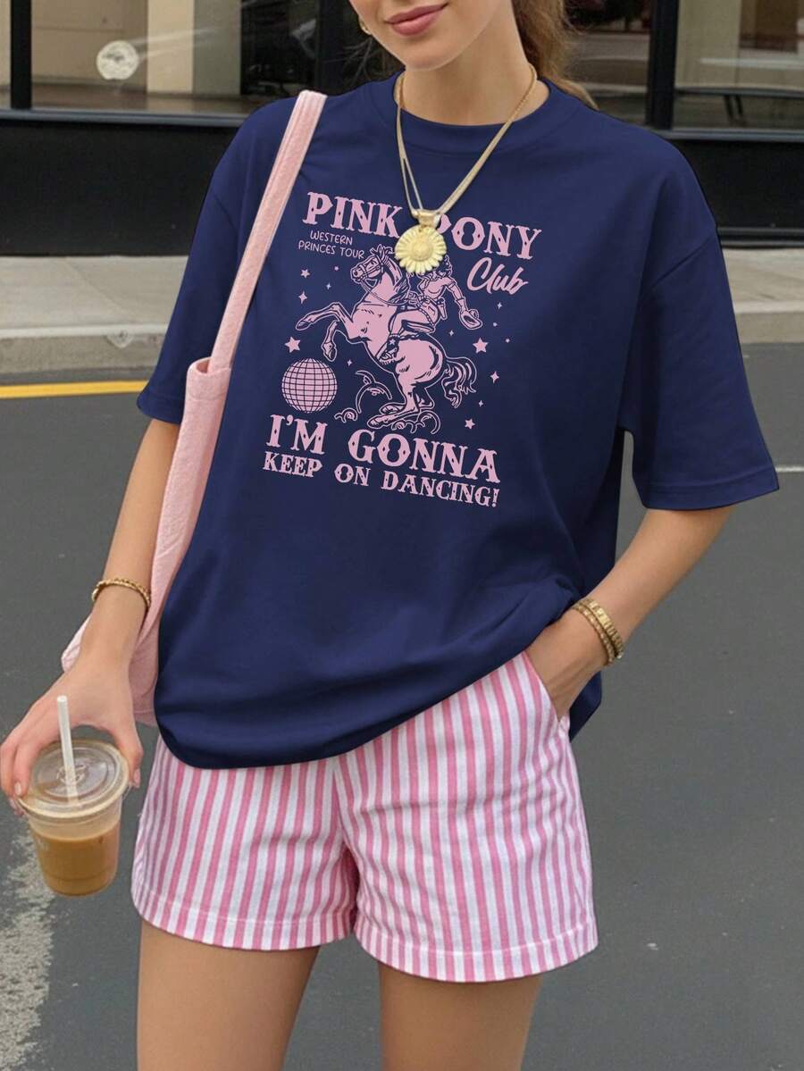 西部牛仔女郎，粉色小马西部王子俱乐部印花，女士休闲宽松短袖上衣，中国新年，农历新年，马年，春节，新年快乐，情人节，情人节礼物，送给她的礼物 - 霧霾藍 - 查看 1