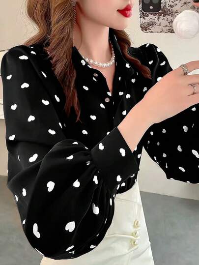Women's Red Heart Pattern Collar Long Sleeve Pearl Decor Button Shirt, Suitable For Daily Wear, Spring/Summer
