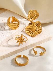 5pcs/Set Stainless Steel 18K Gold Plated Flower & Star Shaped Ring Set, Suitable For Women's Daily, Party Wear, Holiday Gift - Yellow Gold - View 5