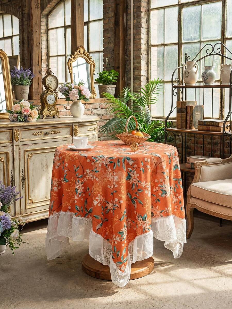 1 pièce Nappe vintage française à imprimé floral avec dentelle, décoration d'intérieur pour table de chevet, table basse, table à manger, décoration de fête - Orange - Voir 1