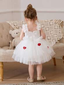 女婴白色亮片撞色红色爱心贴花优雅情人节派对礼服，公主裙，适合女婴一周岁生日派对、婚礼花童、奢华场合庆典礼服 - 白色 - 查看 2