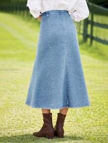 女式水洗深蓝色弹力牛仔迷你裙 - 淺色水洗藍 - 查看 4