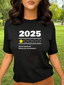 2025 1 Stern Bewertung Schlimmstes Jahr aller Zeiten Würde nicht empfehlen T-Shirt Damen T-Shirt Grafik T-Shirts Crop Tops Outfits Tops T-Shirt CHBQ - Schwarz - Übersicht 1