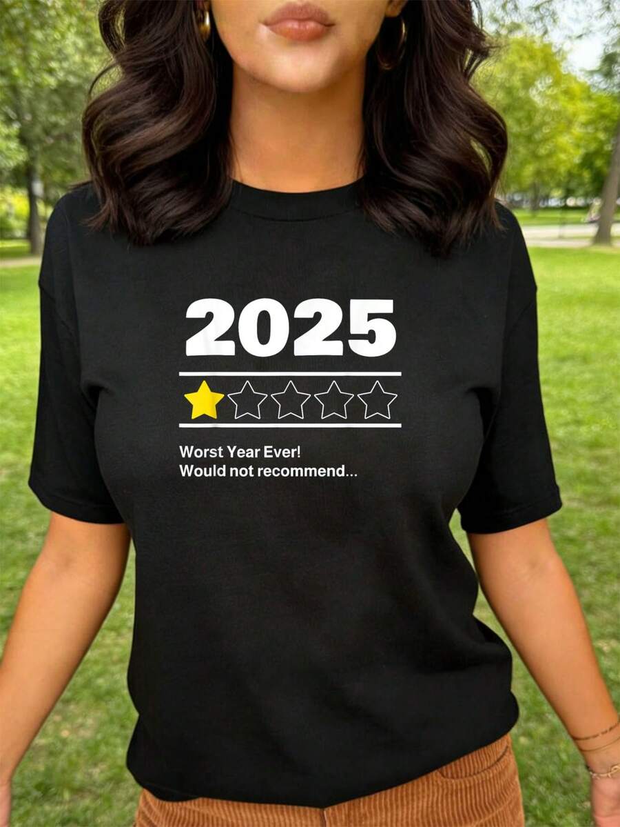 2025 1 Stern Bewertung Schlimmstes Jahr aller Zeiten Würde nicht empfehlen T-Shirt Damen T-Shirt Grafik T-Shirts Crop Tops Outfits Tops T-Shirt CHBQ - Schwarz - Übersicht 1