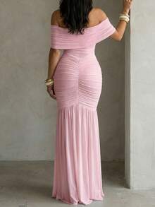 ChicMe Women's Off-Shoulder Ruched Maxi Dress, Sleeveless Fitted Mermaid Cocktail Party Gown - Baby Pink - View 3
