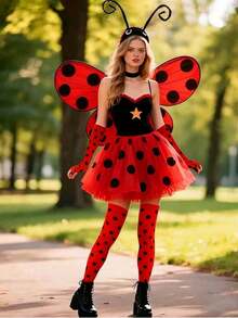 2pcs Ladybug Costume Accessories Set, Cute Ladybug Makeup Party Decoration Props, Red & Black Polka Dot Socks + Fingerless Gloves, Suitable For All Ages, Halloween - Multicolor - View 2