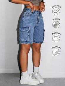 Shorts vaqueros de cargo de verano para mujer con bolsillos laterales y con solapa, estilo callejero retro, diseño de pierna recta, uso diario elegante. Casual - Azul claro - Ver 3