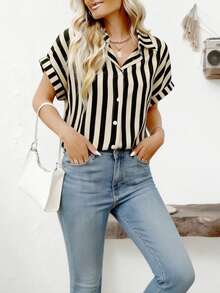 Women's Summer Casual Loose Slimming Batwing Sleeve Short Sleeve Shirt Striped Top Lapel Single-Breasted Design Folded Collar Simple Elegant Vacation - Apricot Curry - View 11