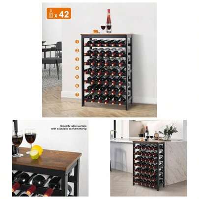 42 Bottles Wine Rack, Tier Wine Rack Freestanding Floor With Table Top, Wine Storage Shelf Kitchen Dining Room Bar, Rustic Brown And Black